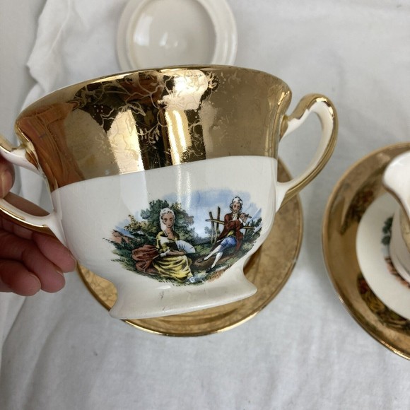 6 PCs Vintage King Quality Fine Colonial Couple Gold 22k US 1960 Sugar & Creamer - Picture 7 of 16